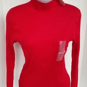 NWT CHAUS Silk Blend Red Stretch Ribbed Tight Fit Turtleneck Top 7254202 MEDIUM